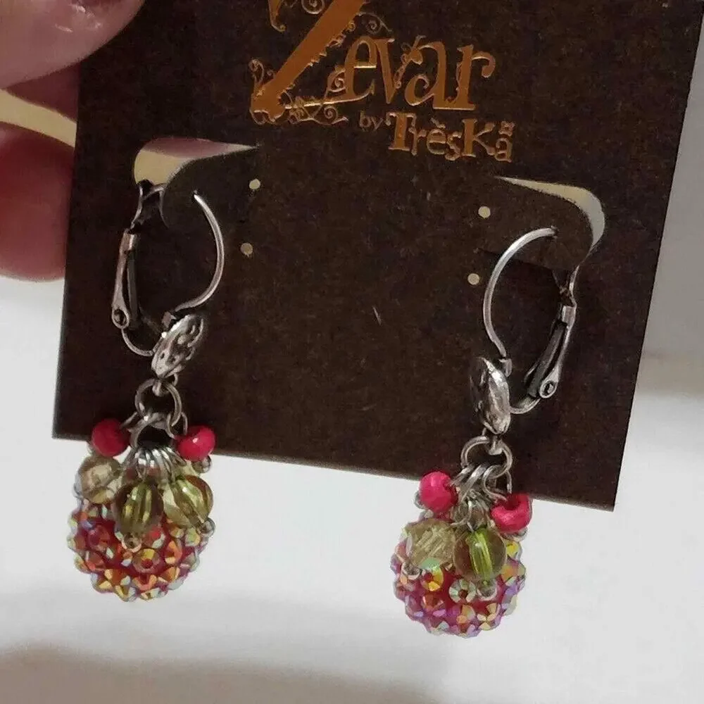 Zevar by Treska Pink Green Sequin Orb Beaded Drop Earrings Silver Tone Leverback
